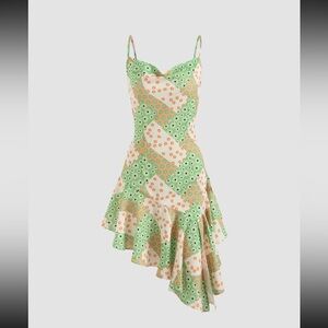 Floral Patchwork Asymmetrical Hm Mini Ruffle Dress💐